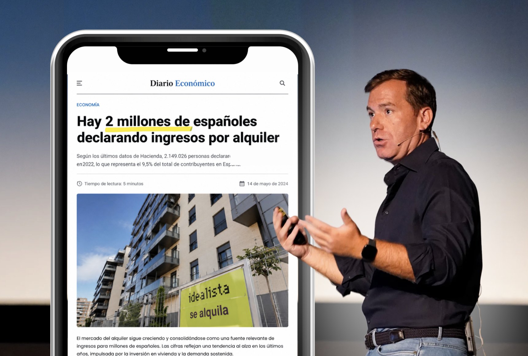 Titular de prensa sobre ingresos por alquiler junto a Pau Antó en escenario
